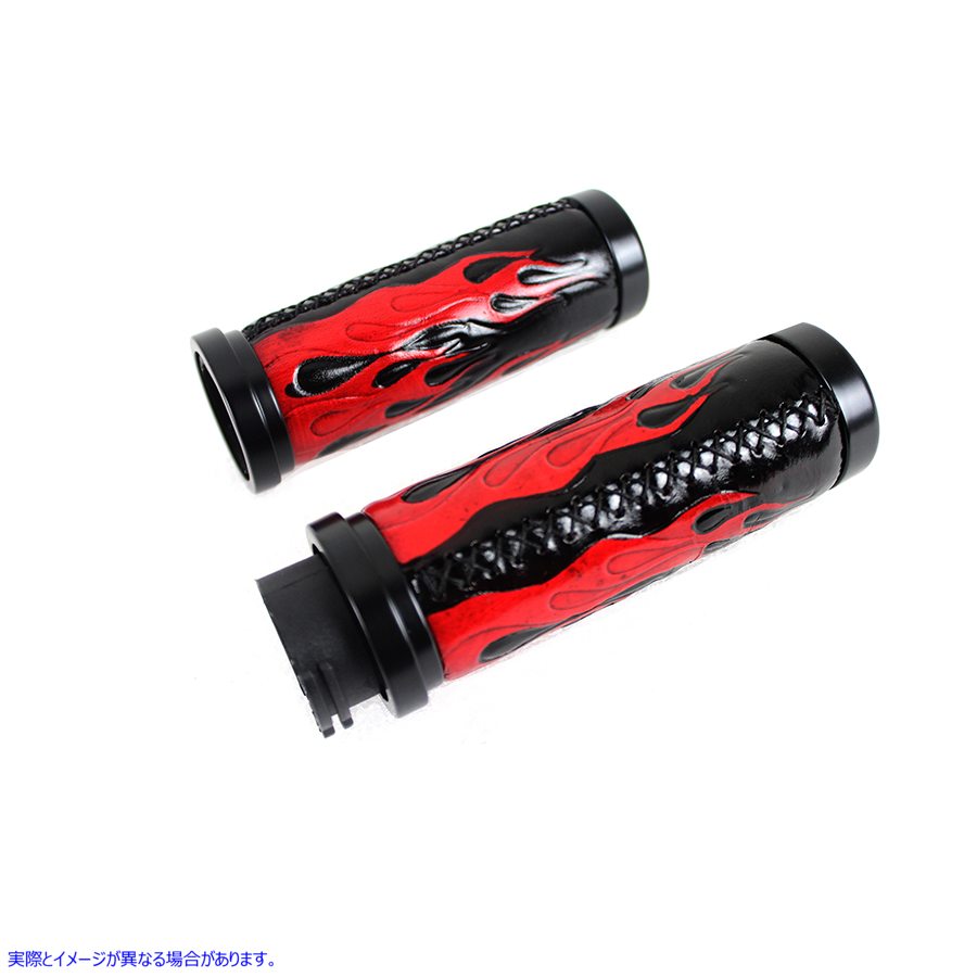 28-0890 レッドフレームスタイルグリップセット（ブラックエンド付き） 取寄せ Vツイン Red Flame Style Grip Set with Black En