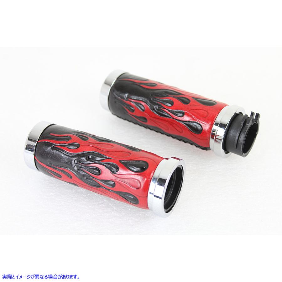 28-0893 レッドフレームスタイルグリップセット、クロームエンド付き 取寄せ Vツイン Red Flame Style Grip Set with Chrome End