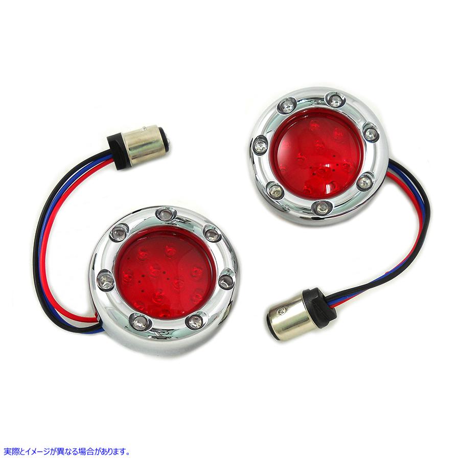 33-1337 クロームLEDターンシグナルベゼル、レッドレンズ付き 取寄せ Vツイン Chrome LED Turn Signal Bezel with Red Lens (検