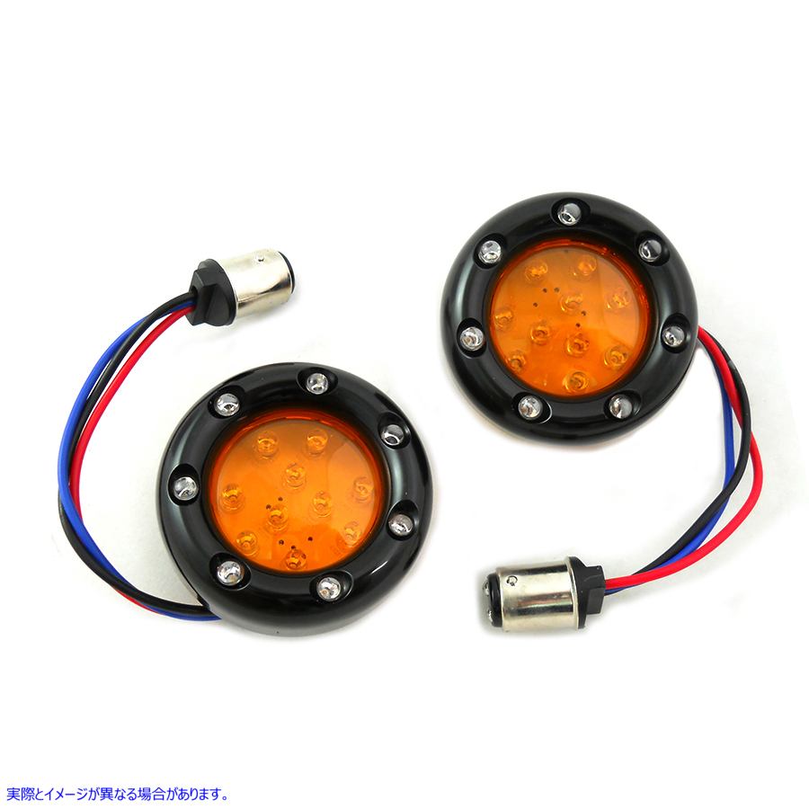 33-1340 ブラック LED ターンシグナルベゼル、アンバーレンズ付き 取寄せ Vツイン Black LED Turn Signal Bezel with Amber Lens