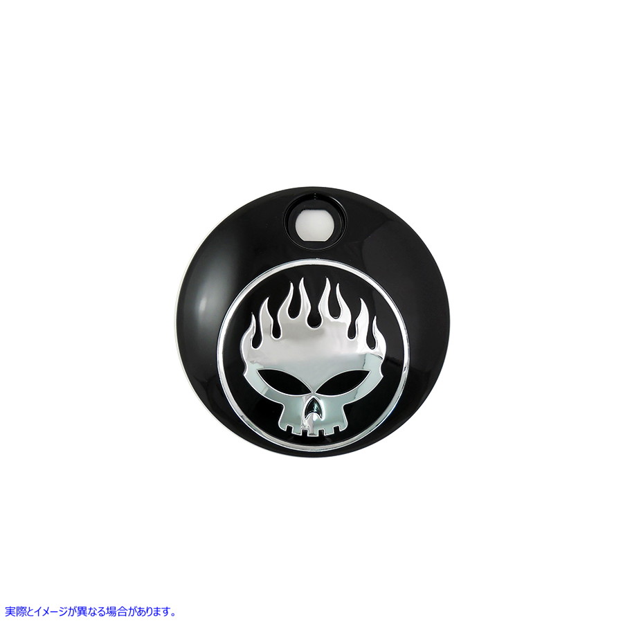 38-0602 ブラックとクローム フレイム スカル FLT 燃料タンク コンソール ドア 取寄せ Vツイン Black with Chrome Flame Skull F