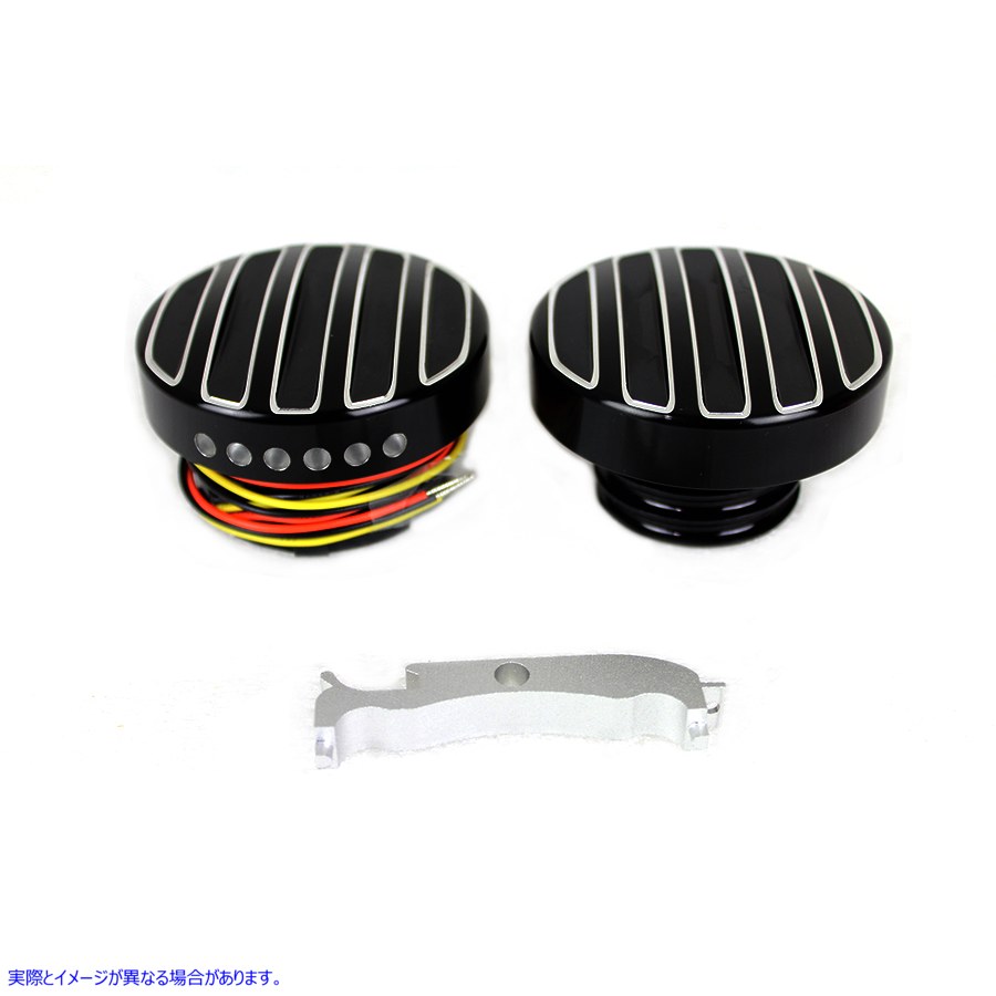 38-0990 ブラックLEDカットリブスタイル燃料計とフィラーキャップセット 取寄せ Vツイン Black LED Cut Ribbed Style Fuel Gauge